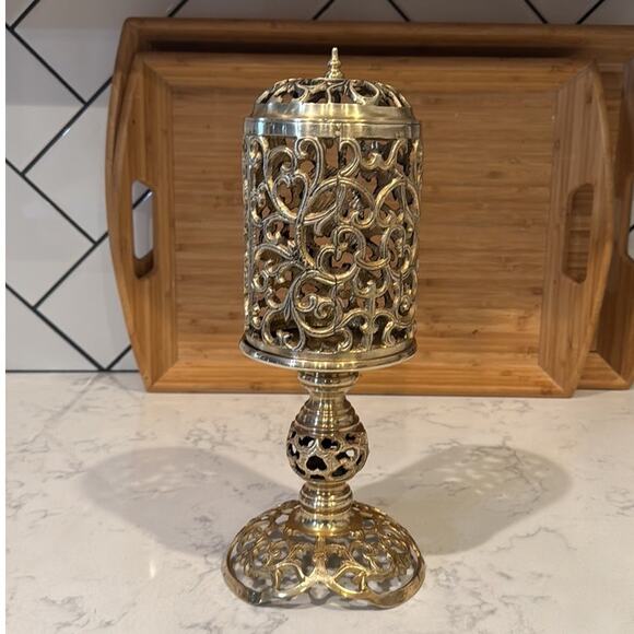 Reticulated Brass Pedestal Candle Holder Vintage Mid-Century Gothic Brass Decor - Picture 1 of 12